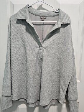 Falls Creek XL Light Gray/green Waffle Knit Pullover Collared Top